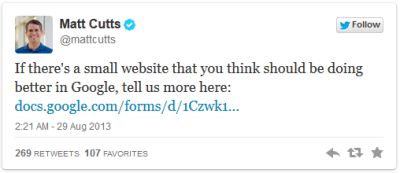 Matt Cutts muốn biết website nhỏ nhưng thứ hạng tốt trên Google.?